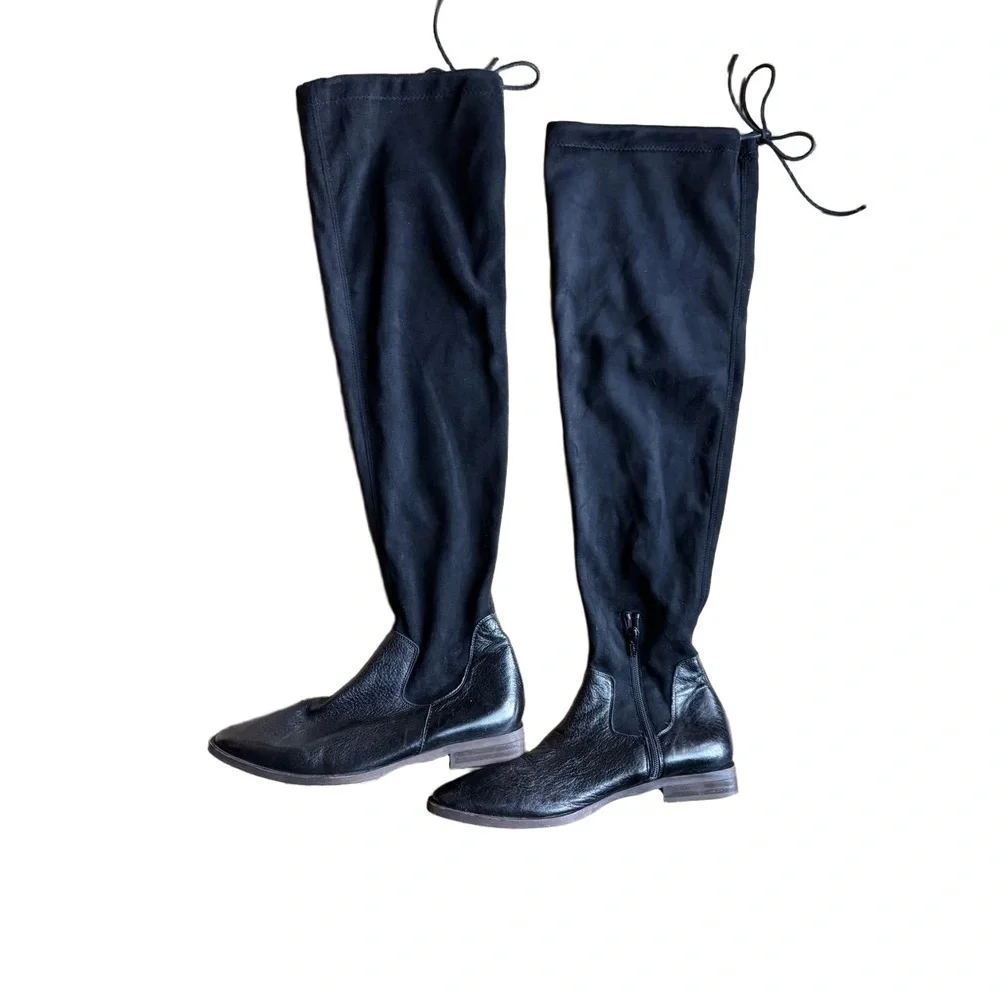 Free People Bicoastal Over-the-Knee Boots Flat Black Suede Leather size 8 / 8.5